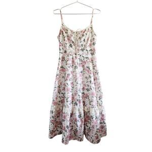 Cider Scoop Neckline Ditsy Floral Lace Trim Tiered Midi Dress Cream Medium